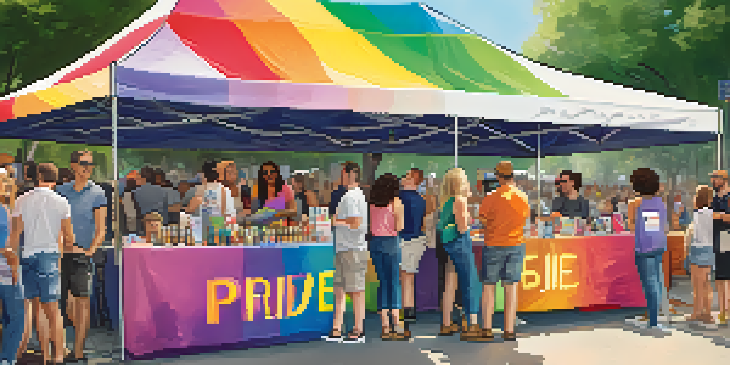 A community booth at the Dallas Pride Festival with volunteers and attendees engaging in conversation and resource sharing.