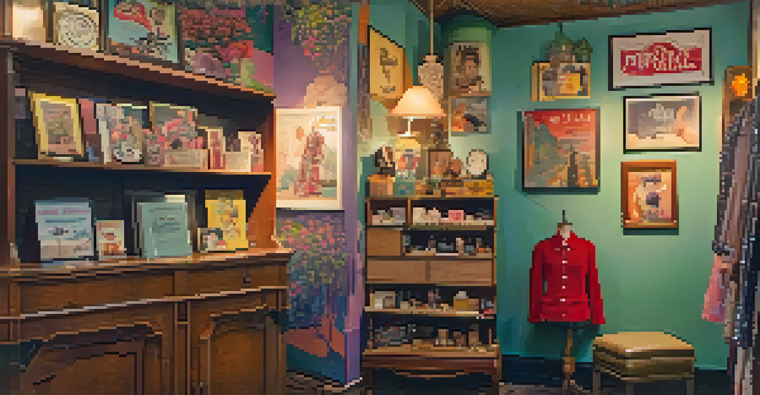 A charming vintage boutique corner showcasing retro clothing and quirky items, with colorful posters and soft lighting.