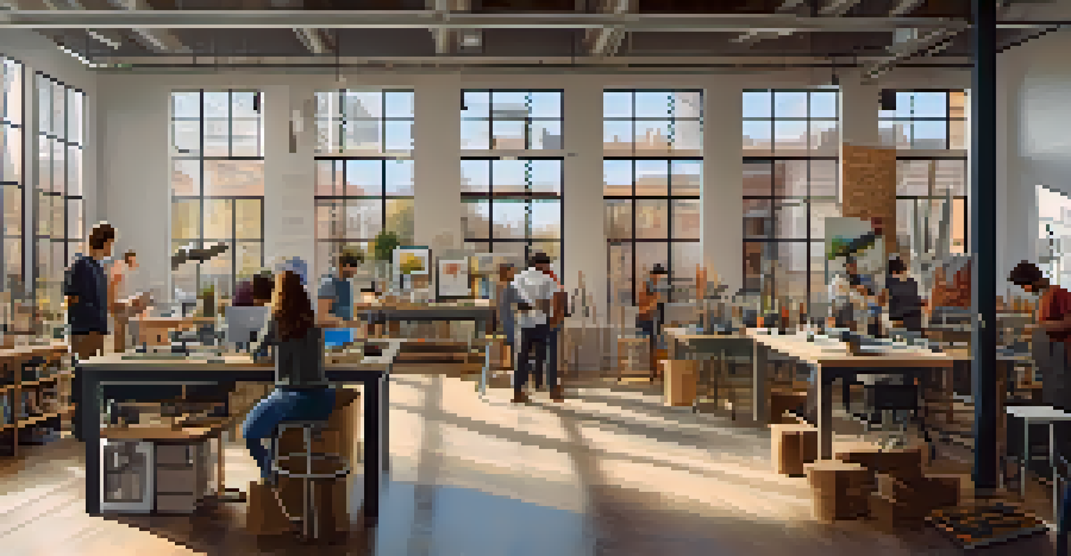 An artisan workspace at Dallas Makerspace, featuring people collaborating on creative projects with tools and natural light illuminating the innovative environment.