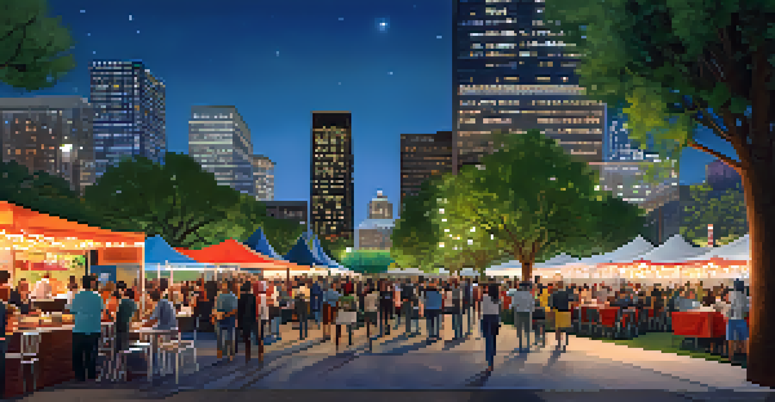 A busy park in the evening with string lights, food trucks, and a live music stage, filled with people enjoying a community event.