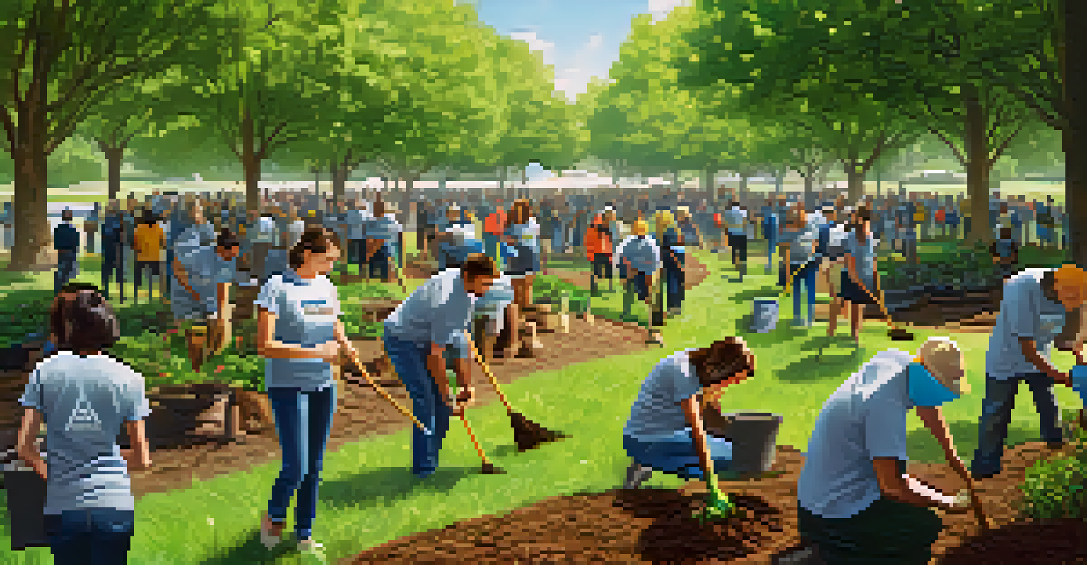Employees from various companies volunteering in a Dallas park, planting trees and cleaning up, surrounded by greenery under bright sunlight.