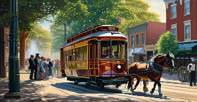 A vintage horse-drawn streetcar on a cobblestone road in late 19th century Dallas, surrounded by brick buildings and trees, with warm golden sunlight.