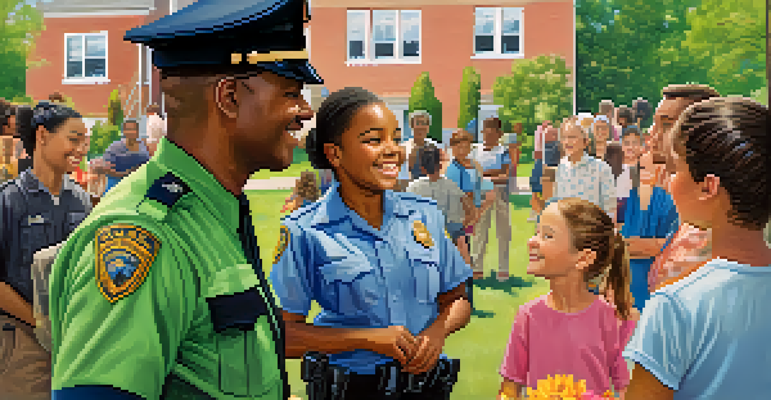 A community policing officer interacting with residents in a park, creating a friendly atmosphere with families and children.