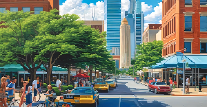 A lively street scene in Dallas with modern skyscrapers and greenery, featuring people engaging in outdoor activities under a clear blue sky.