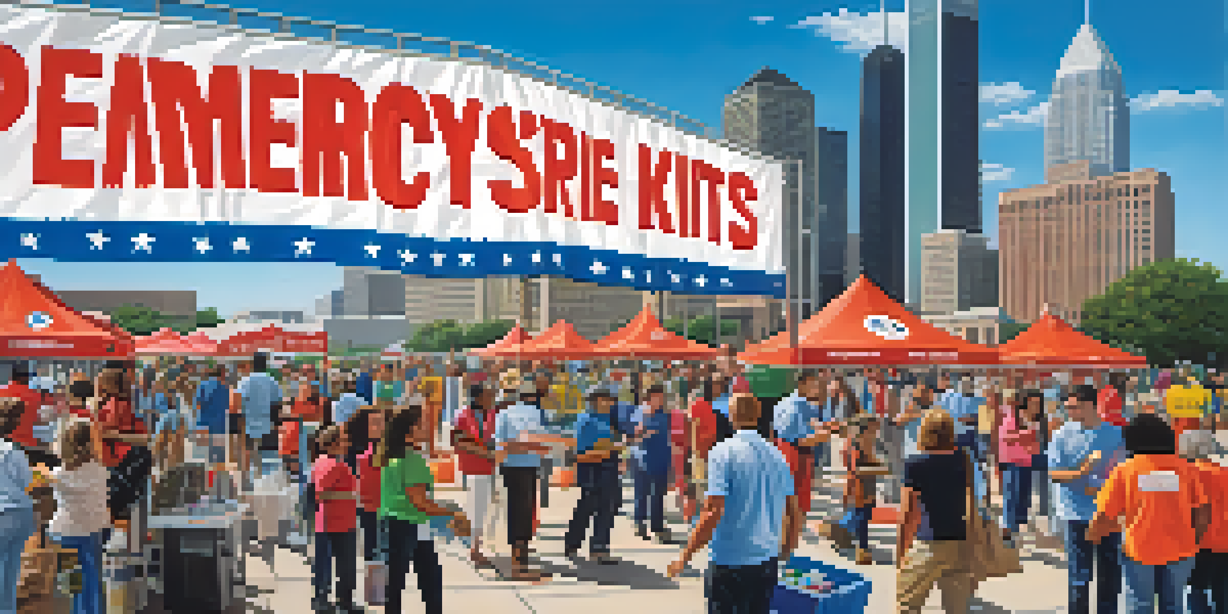 A lively community event in Dallas focused on emergency preparedness, with families learning and engaging in safety activities, set against the Dallas skyline.