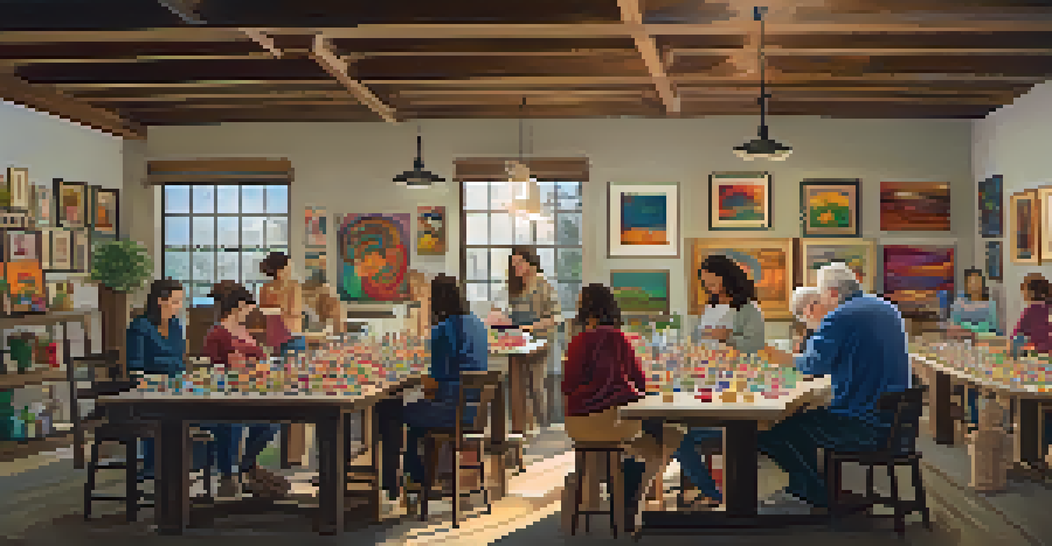 A community studio where artists are creating pottery, painting, and making jewelry in a cozy and colorful environment.