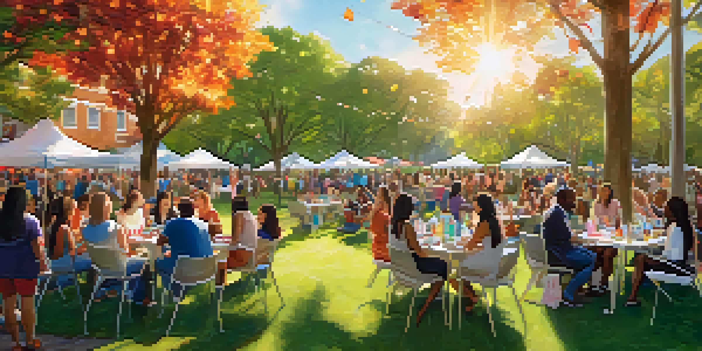A diverse group of women in a park discussing philanthropy, surrounded by colorful banners and greenery.