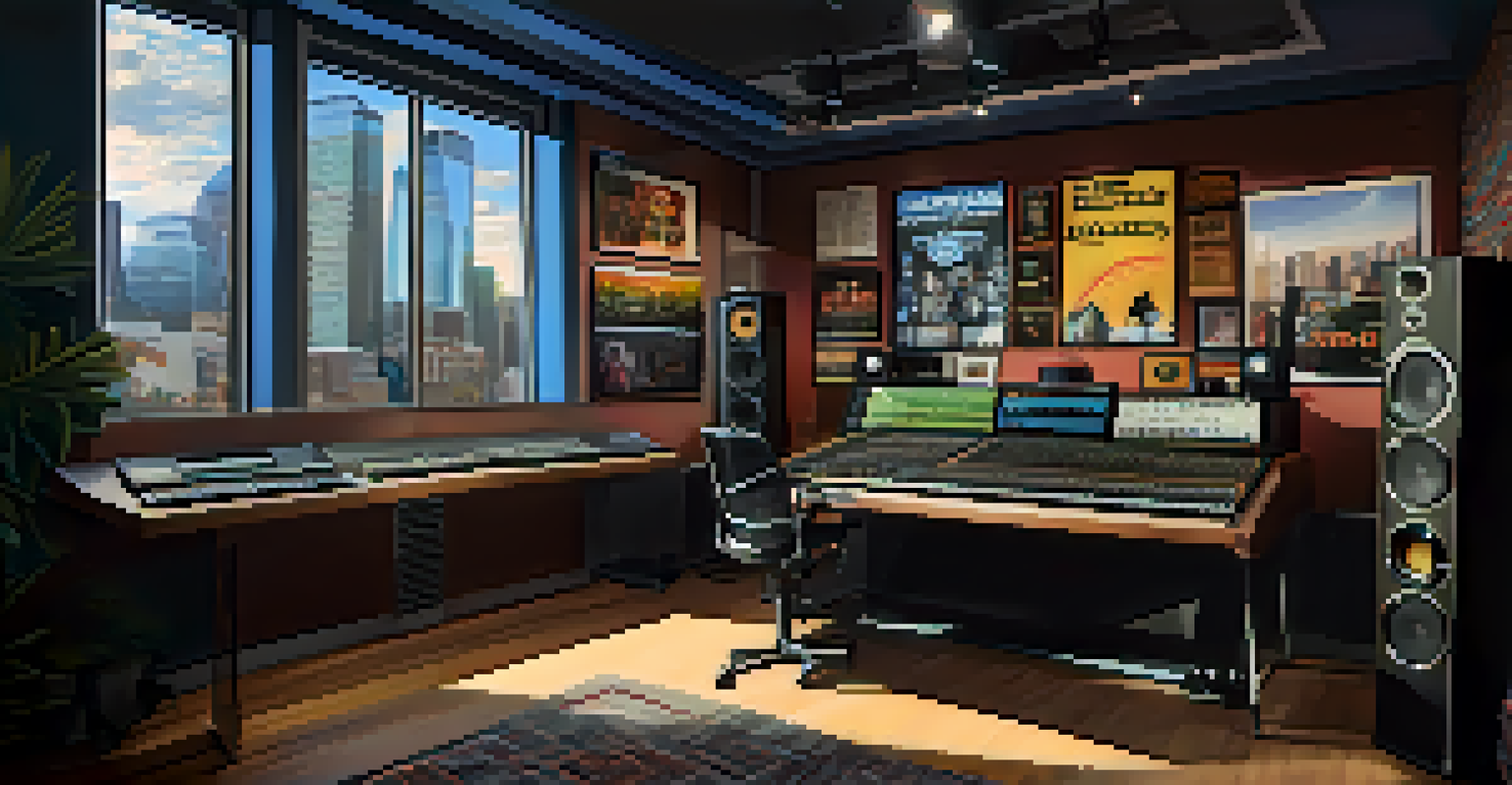 A modern radio studio in Dallas with microphones, headphones, and posters of local artists, illuminated by soft lighting.