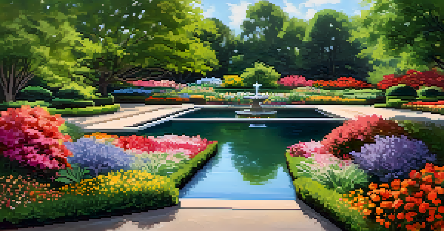 A colorful botanical garden with blooming flowers around a reflective pool and a gentle stream, creating a peaceful and vibrant setting.