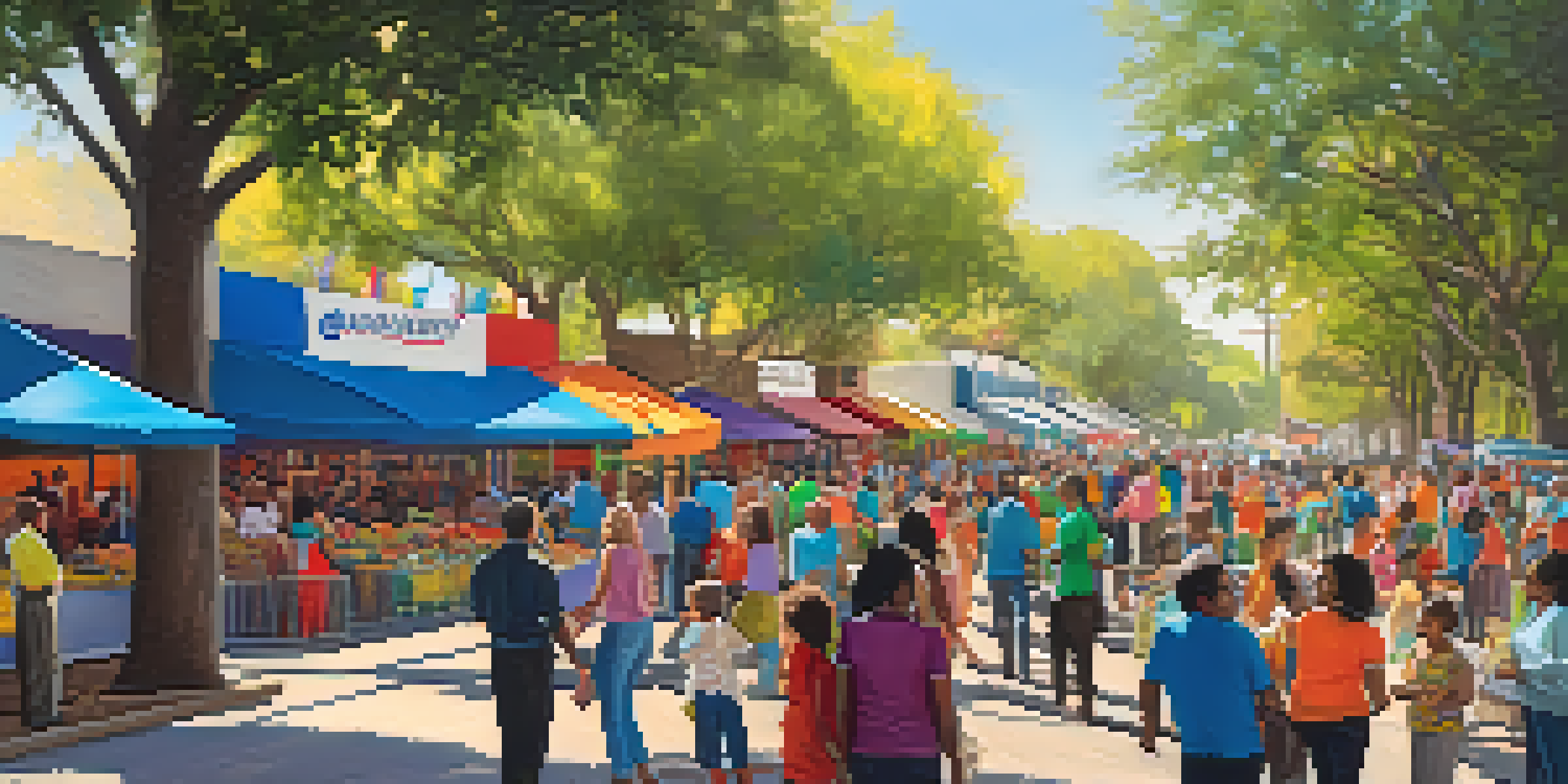 A lively community event in Dallas with diverse volunteers helping families in need at donation booths under a colorful banner.