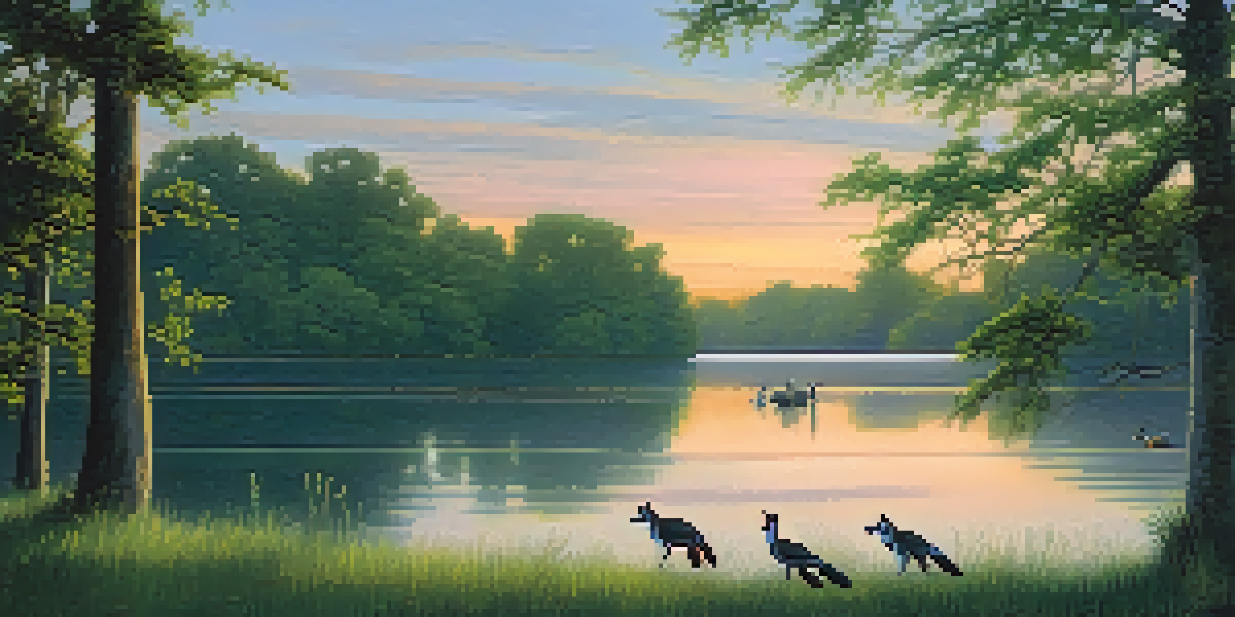 A peaceful lake scene at dawn with raccoons and a Great Blue Heron, surrounded by trees and wildflowers.