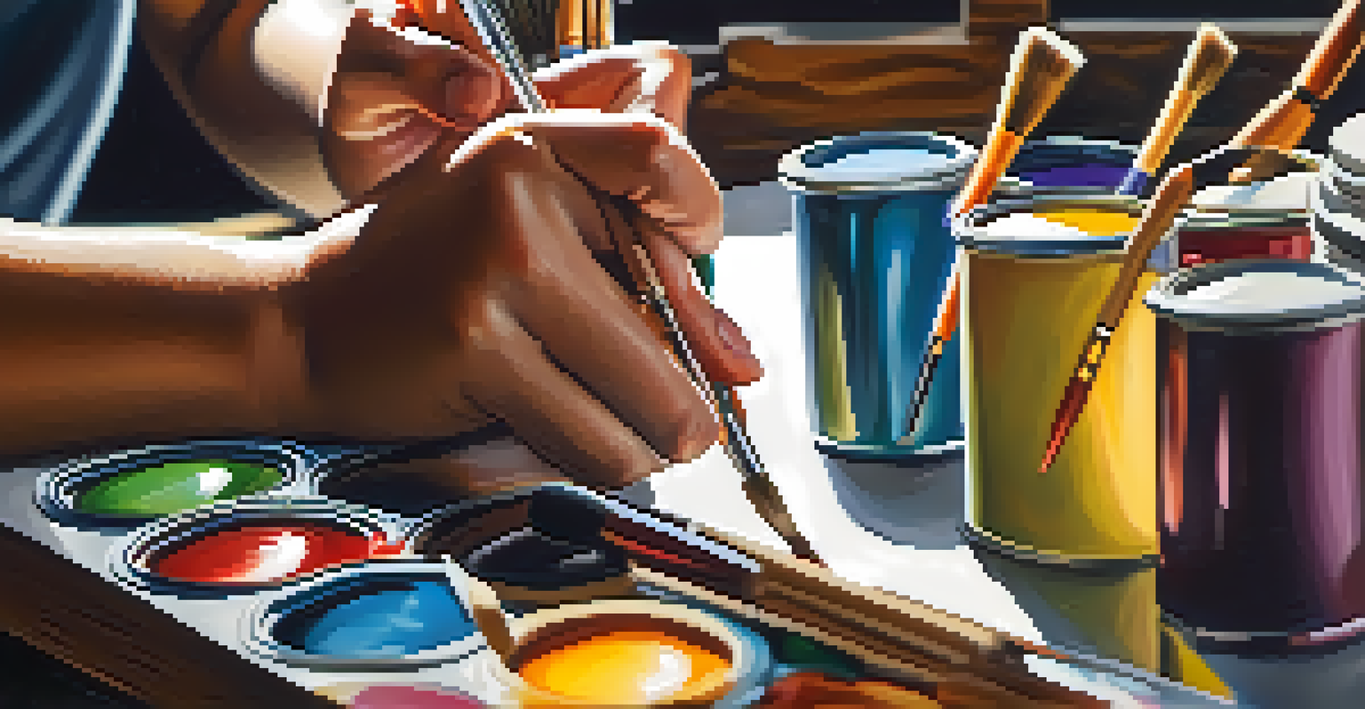 A close-up of a young artist's hands painting on a canvas with bright colors and art supplies around.