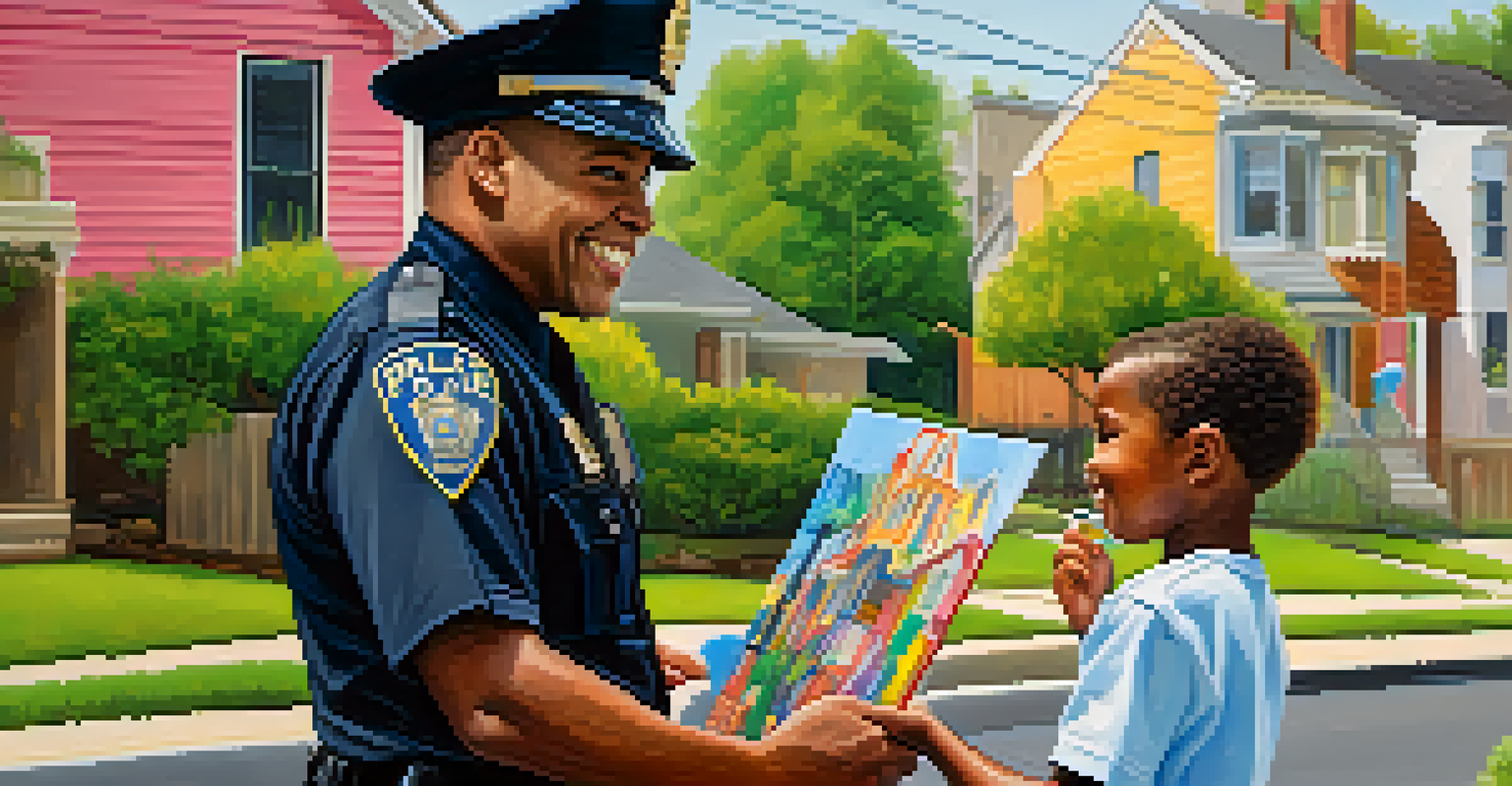 A Dallas police officer smiling and interacting with a child in a neighborhood, promoting community engagement.