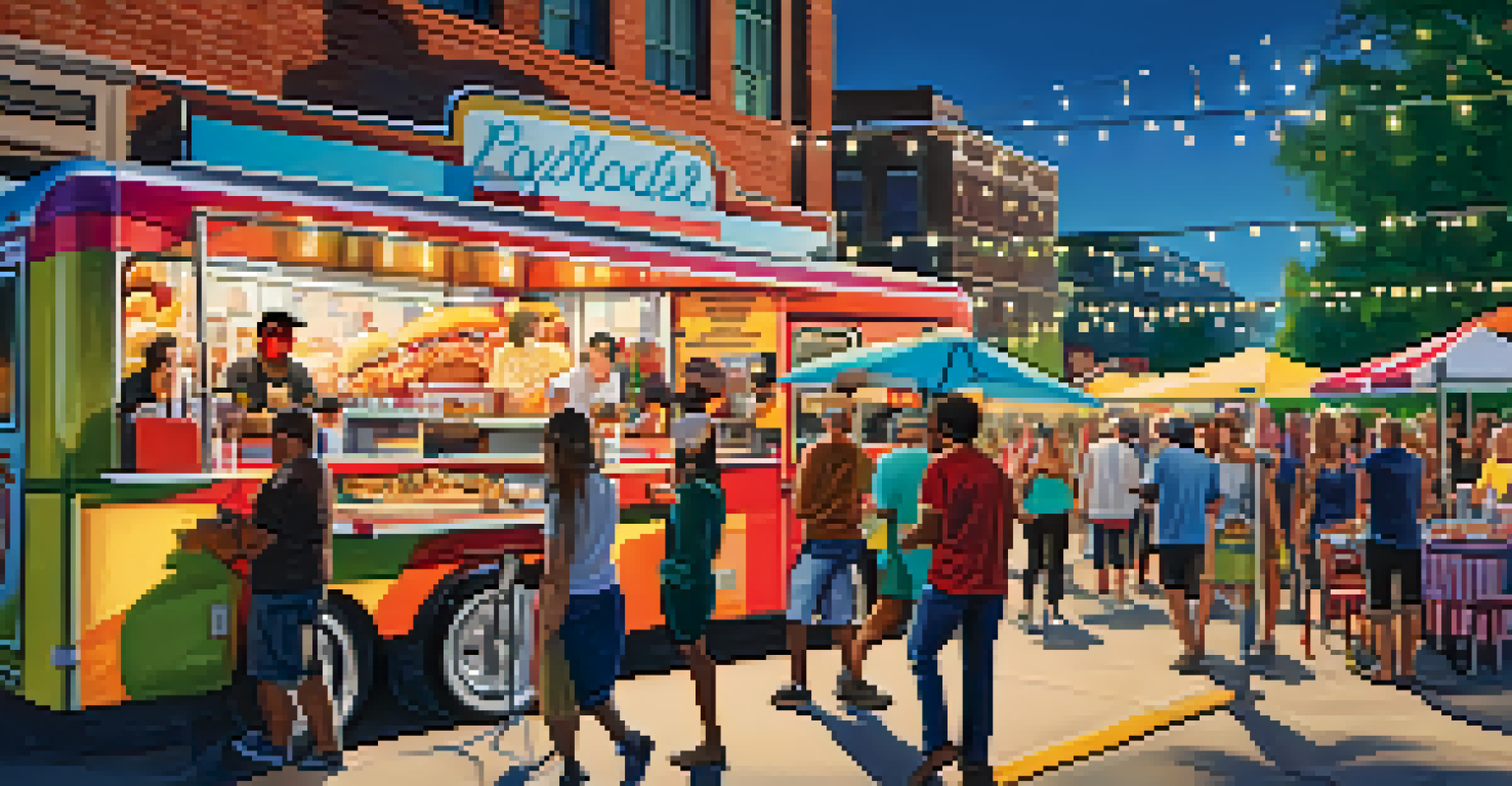 A food truck festival in Dallas with colorful trucks, people eating at picnic tables, and string lights overhead.