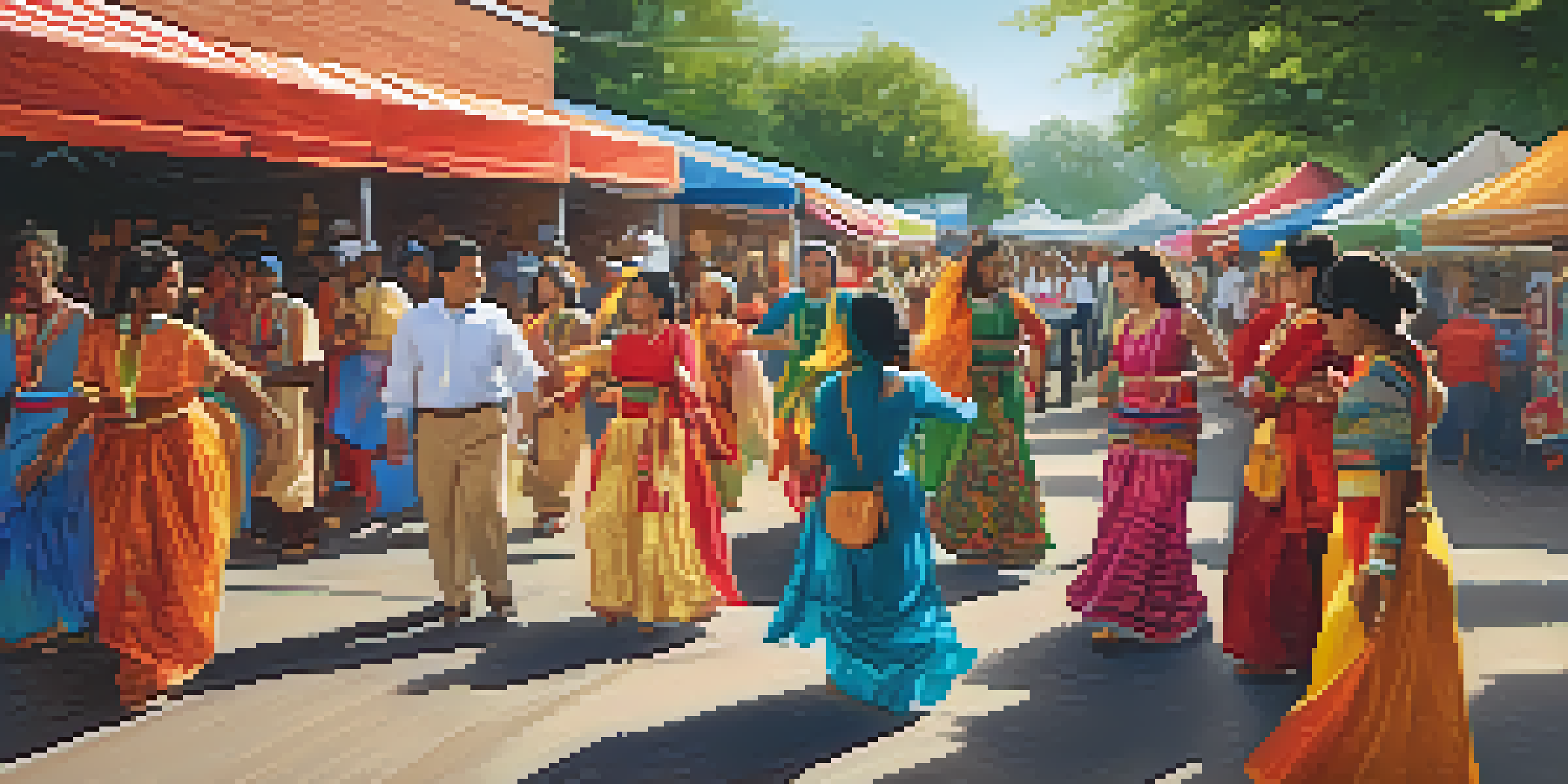 A lively street festival in Dallas with people of different cultures dancing in traditional clothing amidst colorful decorations and food stalls.