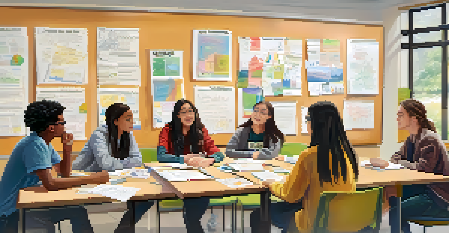High school students in a classroom working together on a mental health advocacy project, showing determination and collaboration.