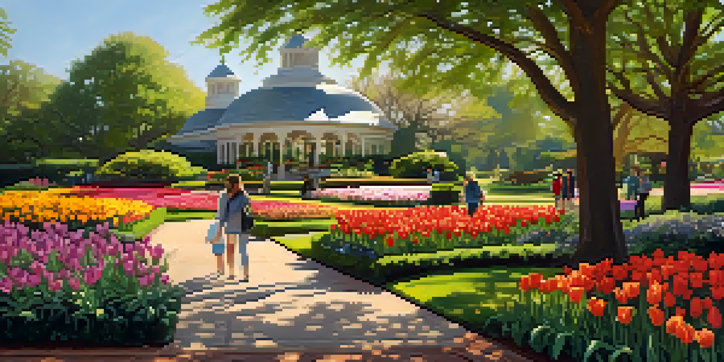 A colorful spring garden filled with blooming tulips and azaleas at the Dallas Arboretum, with visitors walking amidst the flowers and greenery.
