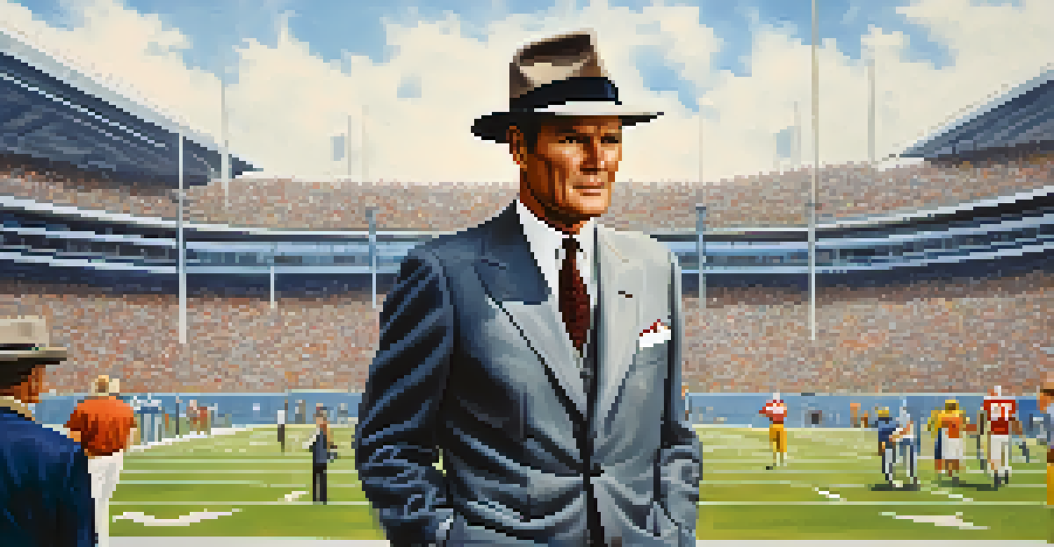 A color portrait of Tom Landry in a suit and fedora, attentively watching a football game from the sidelines with a packed stadium behind him.