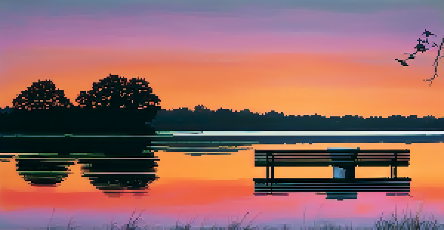 A beautiful sunset over a calm lake, with colorful skies reflecting on the water and a bench by the shore for peaceful contemplation.