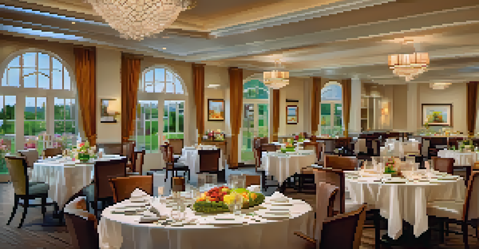 A stylish dining room in a luxury retirement community with residents enjoying gourmet meals.