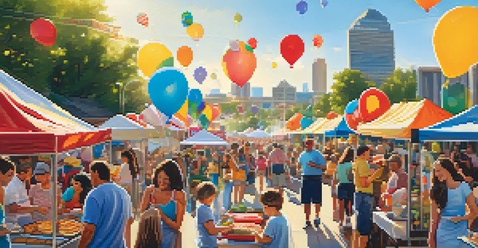 A lively outdoor food festival in Dallas with families sampling food from colorful booths under bright sunlight.