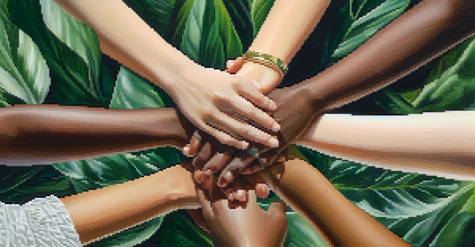 Close-up of diverse women's hands forming a circle, symbolizing unity in philanthropy.