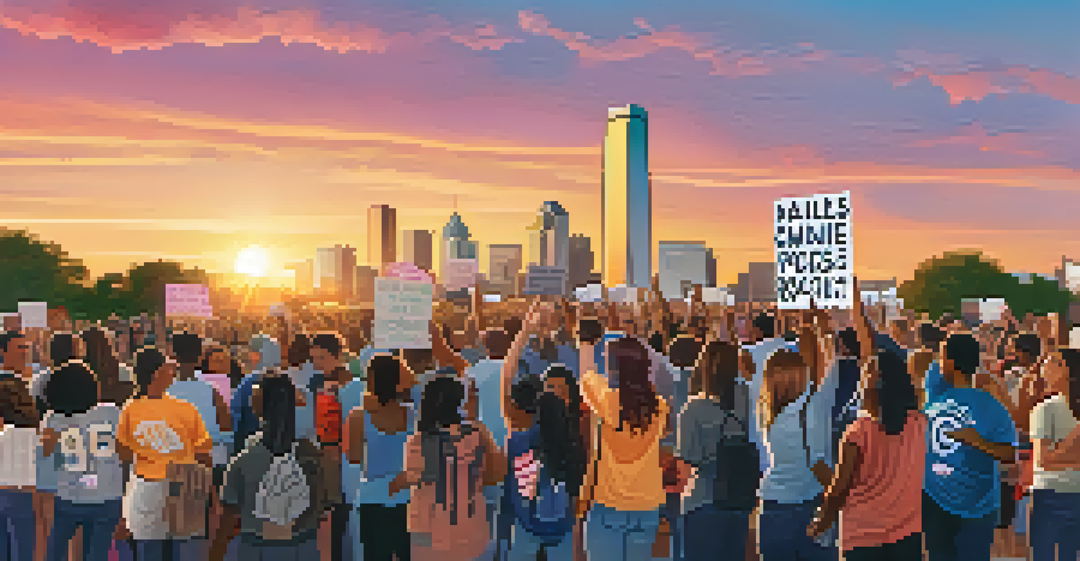 A lively community rally in Dallas with diverse young activists holding signs, surrounded by supporters and iconic landmarks in the background.