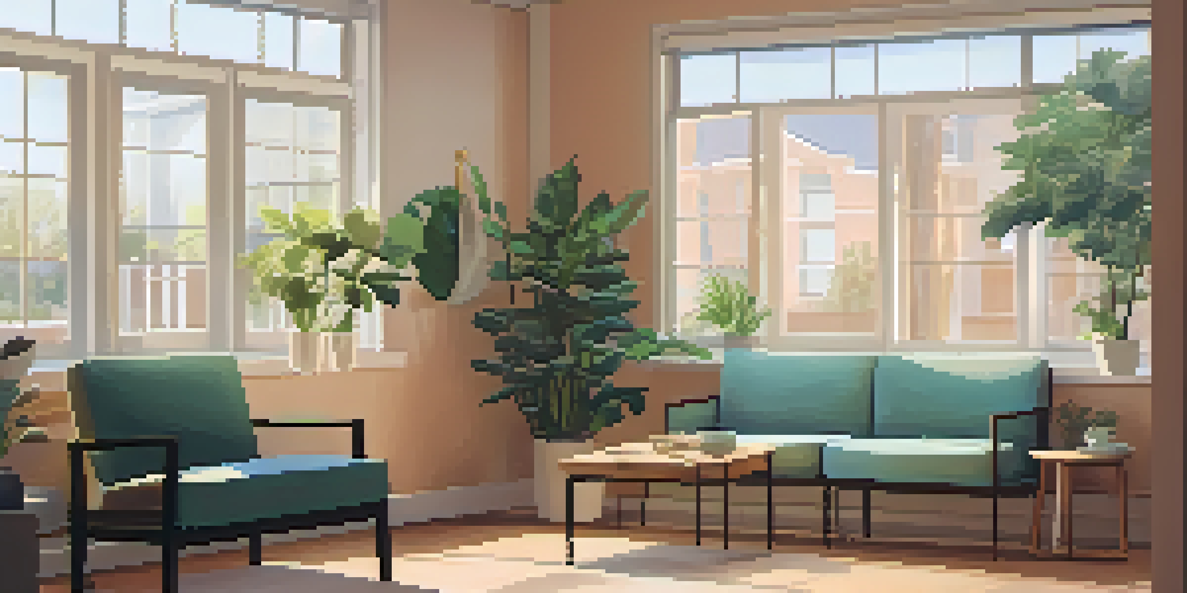 Interior of a mental health clinic with comfortable seating, plants, and soft lighting, creating an inviting atmosphere.