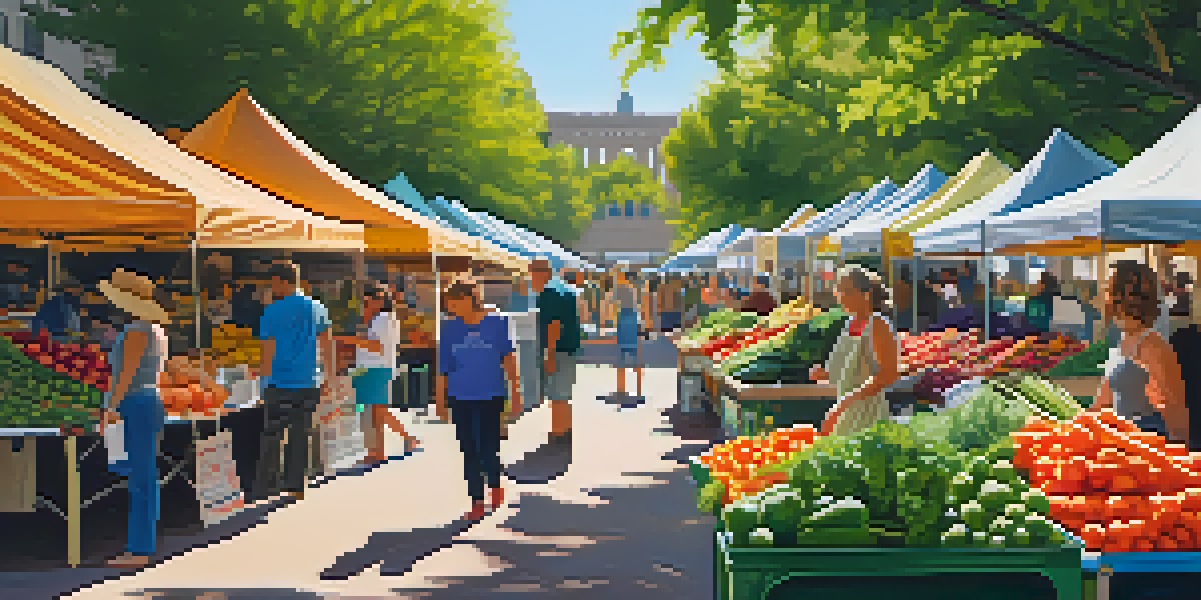 A busy Dallas Farmers Market with colorful stalls of fresh produce and people interacting in a sunny setting.