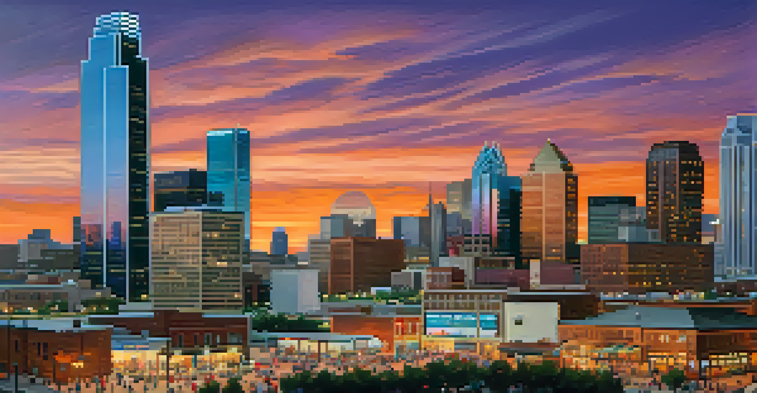 A sunset view of Dallas with skyscrapers in the background and people participating in community activities in the foreground.