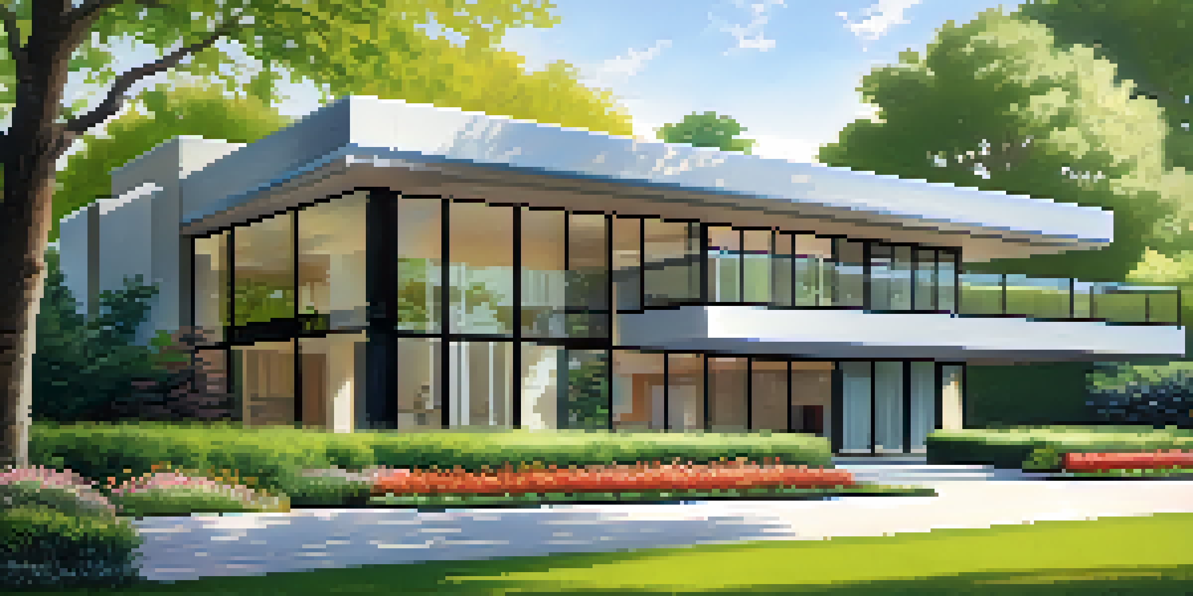 A modern luxury home with large glass windows and a manicured lawn in Highland Park, Dallas, surrounded by greenery and flowers.