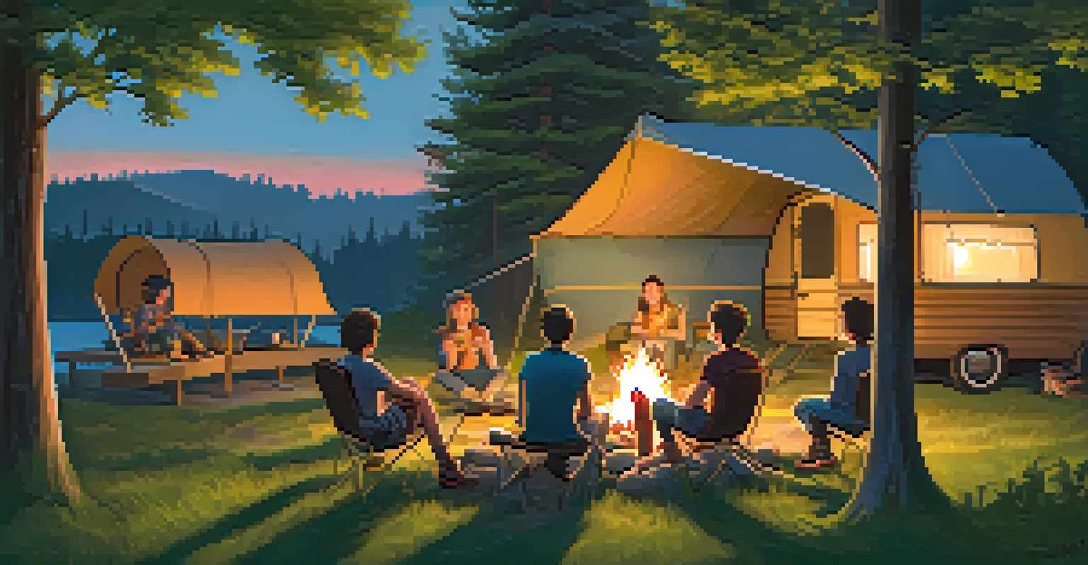 Campers gathered around a campfire in the woods at dusk, with shadows in the background.