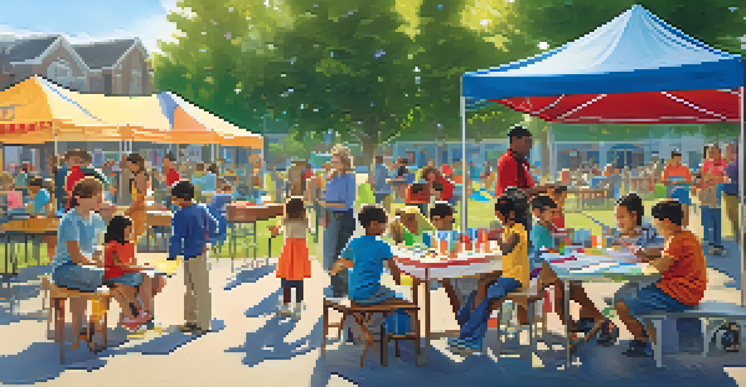 Families enjoying an outdoor community event at a school, with parents and children engaging in fun educational activities.
