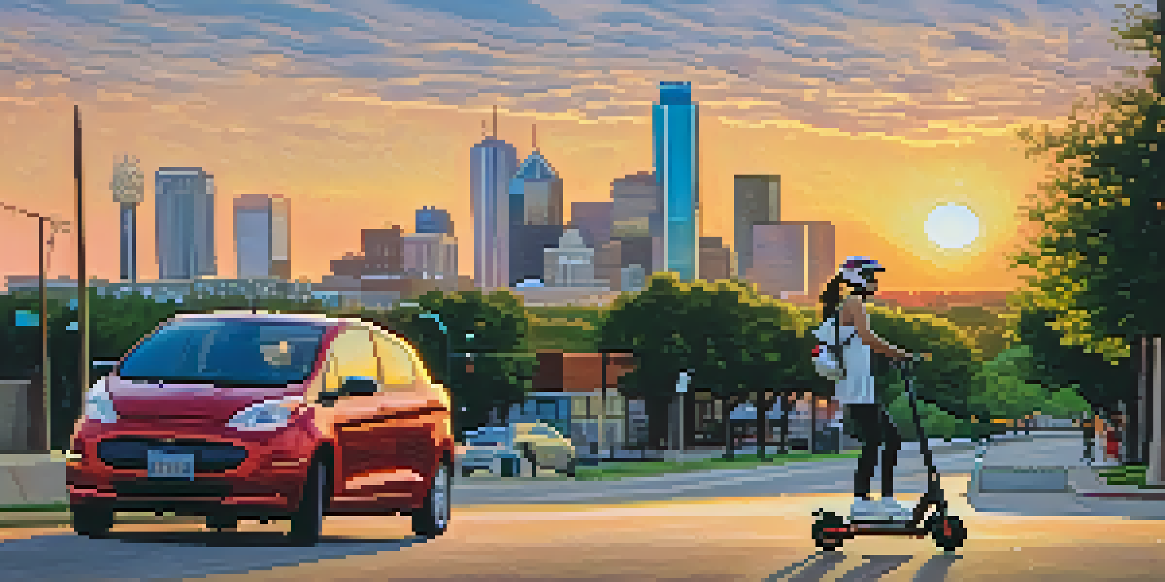 A young adult riding an electric scooter in a sunny Dallas street, with the skyline in the background.