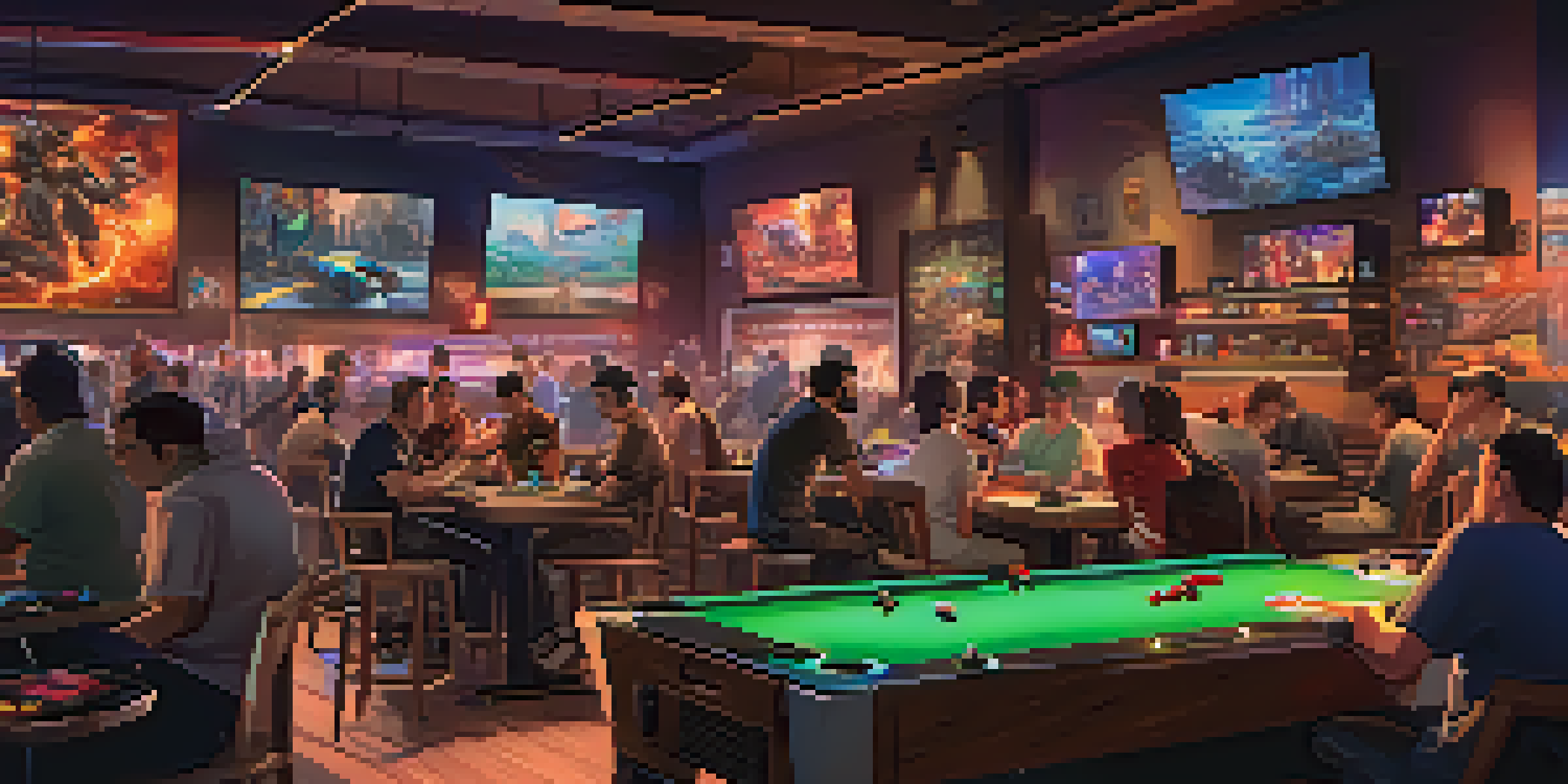 A lively gaming cafe with gamers playing on high-end PCs and consoles, colorful LED lights, and people socializing over snacks.