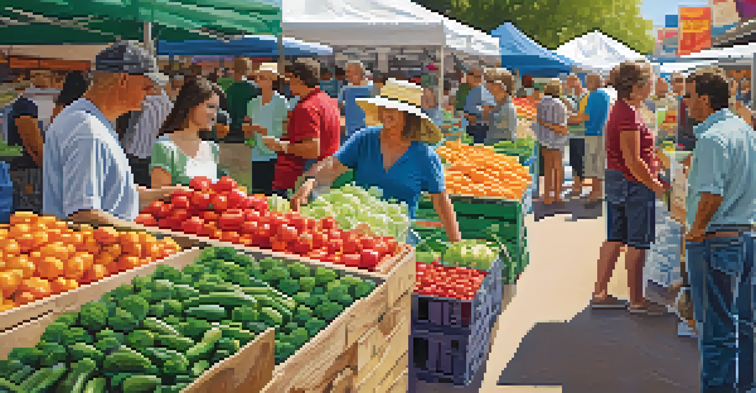 A vibrant farmer's market in Dallas with stalls filled with fresh fruits and vegetables and people shopping.