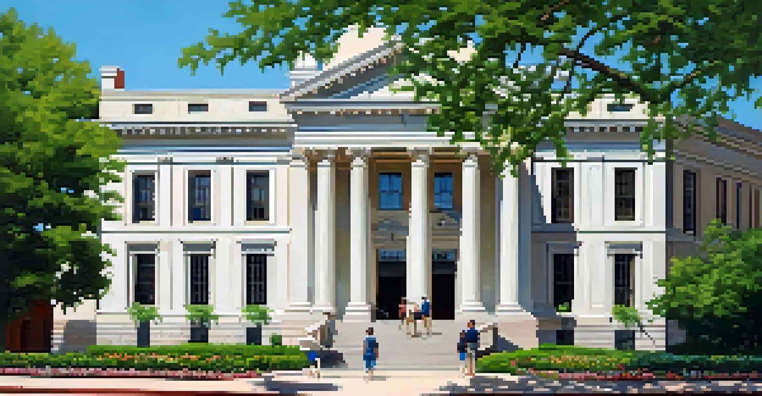 A peaceful outdoor view of the Dallas Historical Society building, surrounded by greenery and flowers, with visitors approaching the entrance.