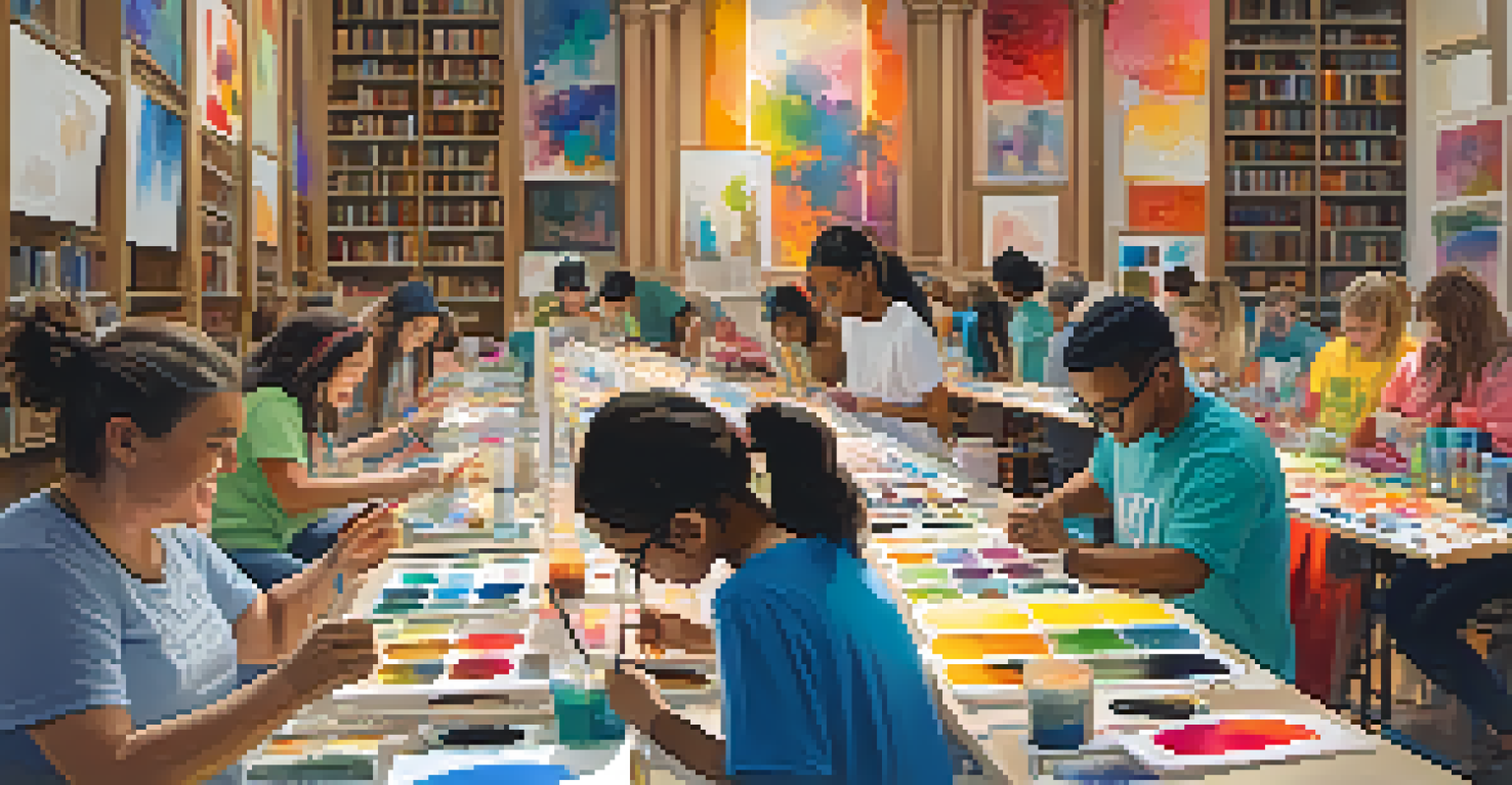 Participants of different ages engaged in an art workshop at a library, painting on canvases under bright lights.