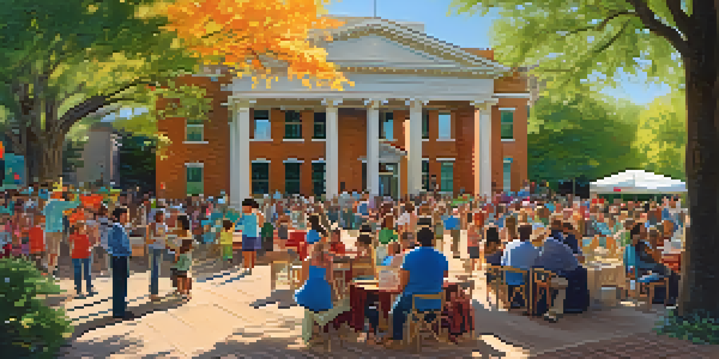 A lively community event at the Dallas Historical Society, featuring families, interactive storytelling, and colorful exhibits under warm sunlight.