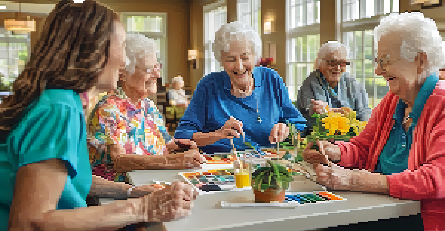 Seniors participating in an arts and crafts activity in a bright and colorful assisted living facility common area.