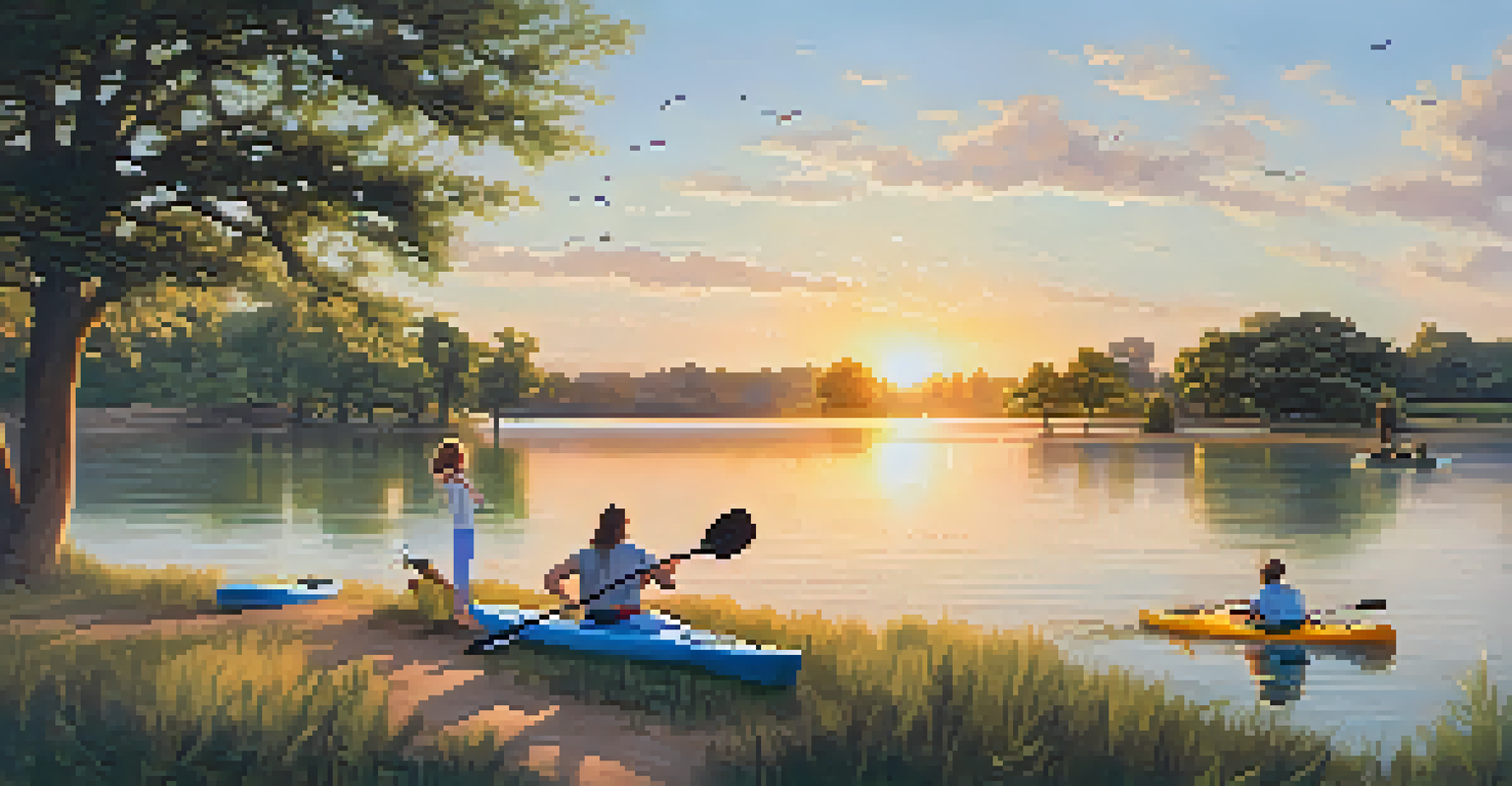 Families kayaking on White Rock Lake at sunset, surrounded by trees and wildflowers, with children playing on the shore.