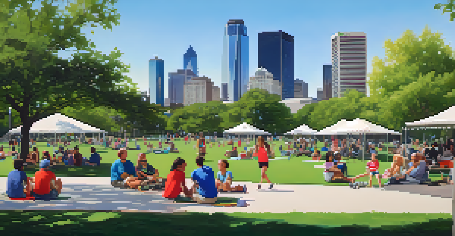 A vibrant scene at Klyde Warren Park with people engaging in sports and picnicking, lush greenery, food trucks, and the city skyline.