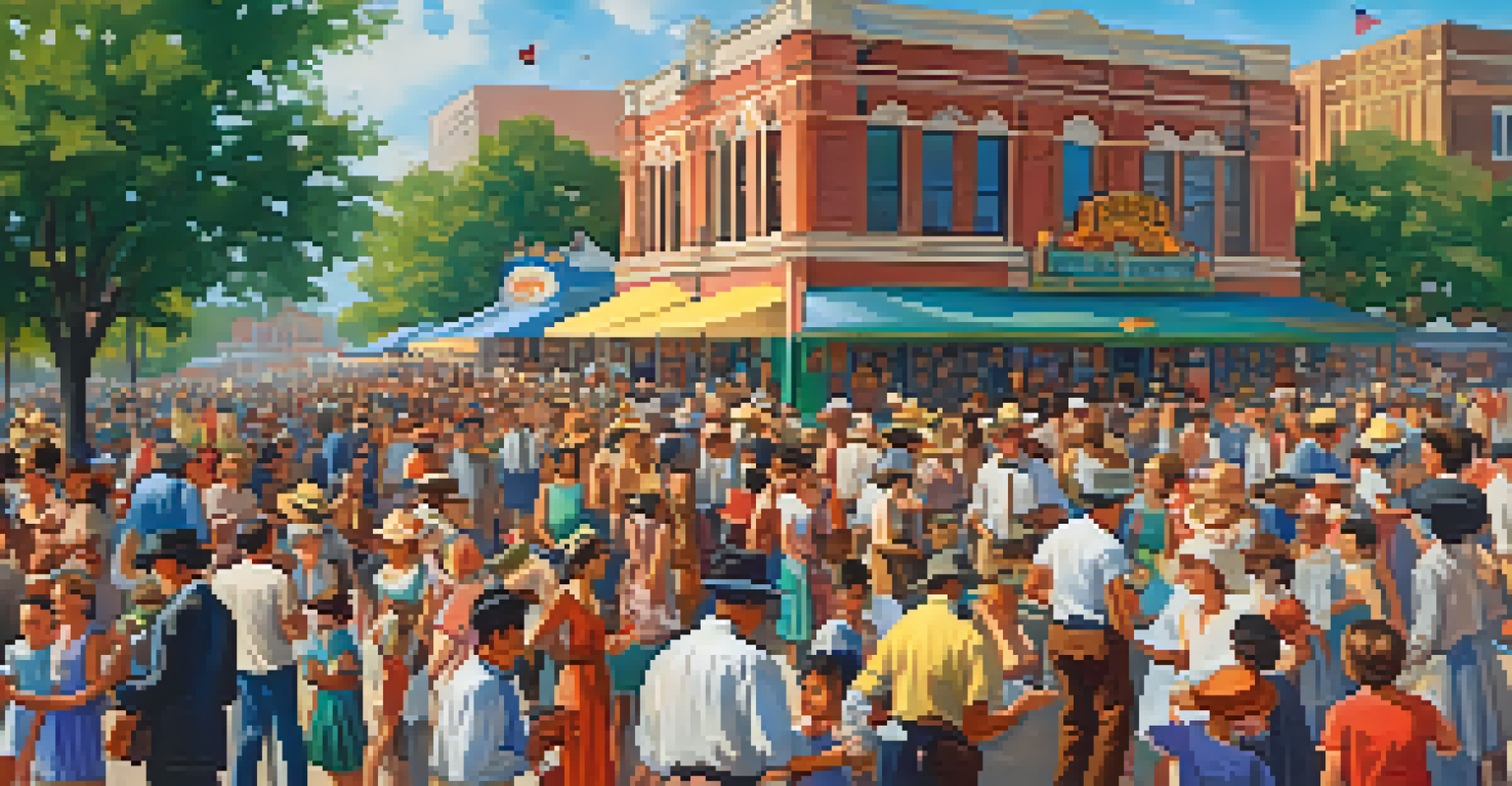 A vibrant community festival in 1930s Dallas, with diverse people enjoying music and food, against a historic backdrop.
