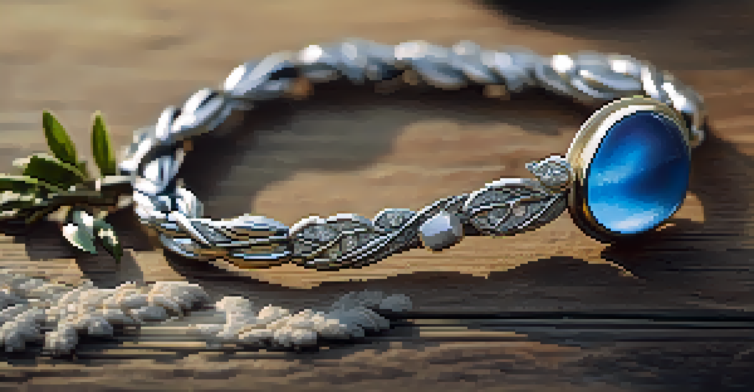 Close-up of an ethically sourced jewelry piece on a wooden surface, surrounded by natural elements like leaves and stones.