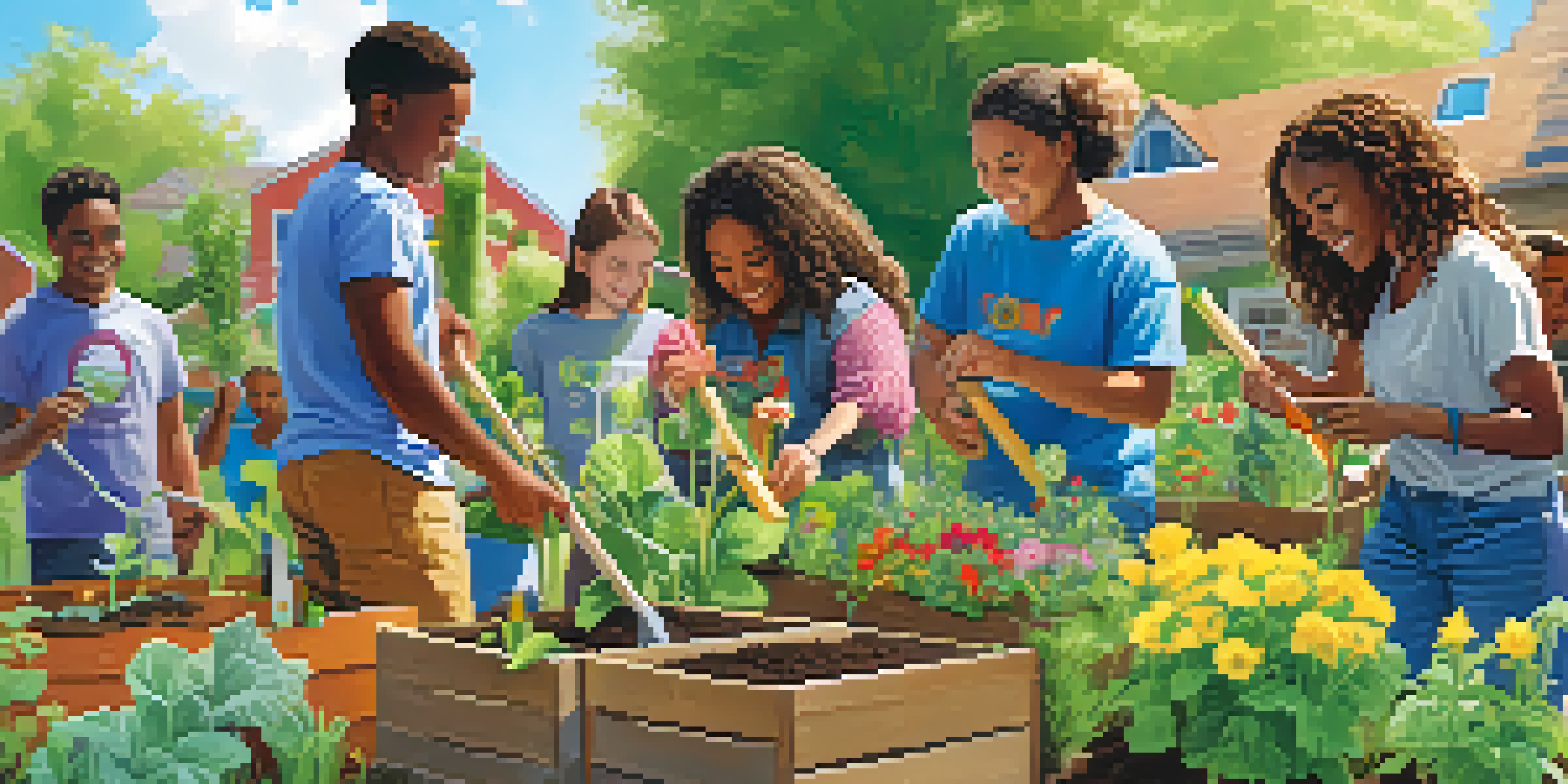 A diverse group of young people working together in a community garden, planting flowers and vegetables with smiles on their faces.
