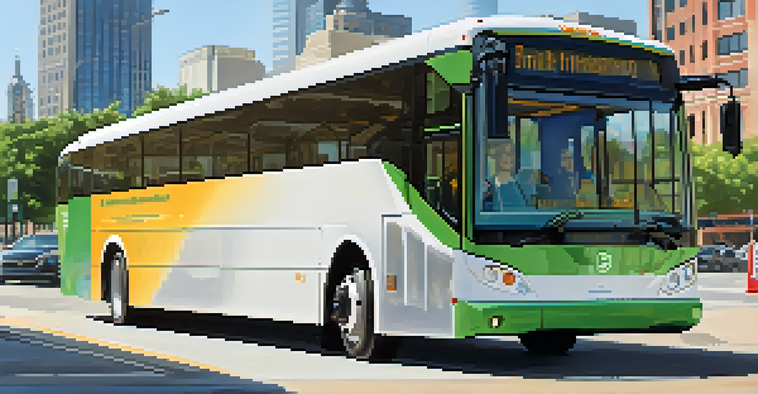 A close-up of a modern electric bus at a transit station in Dallas, with people waiting nearby and the city skyline in the background.