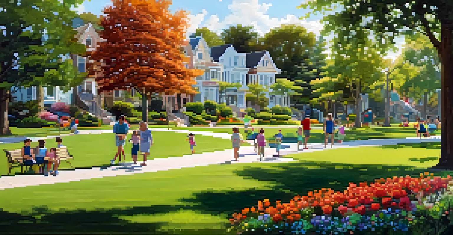 Families enjoying a sunny day in a park with children playing and colorful flowers around.