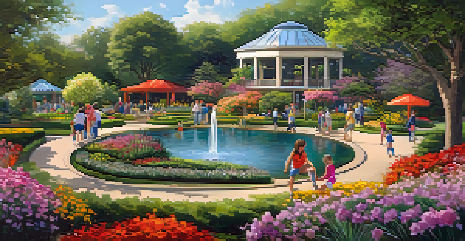 A blooming botanical garden with children exploring, colorful flowers, and treehouses in the background.