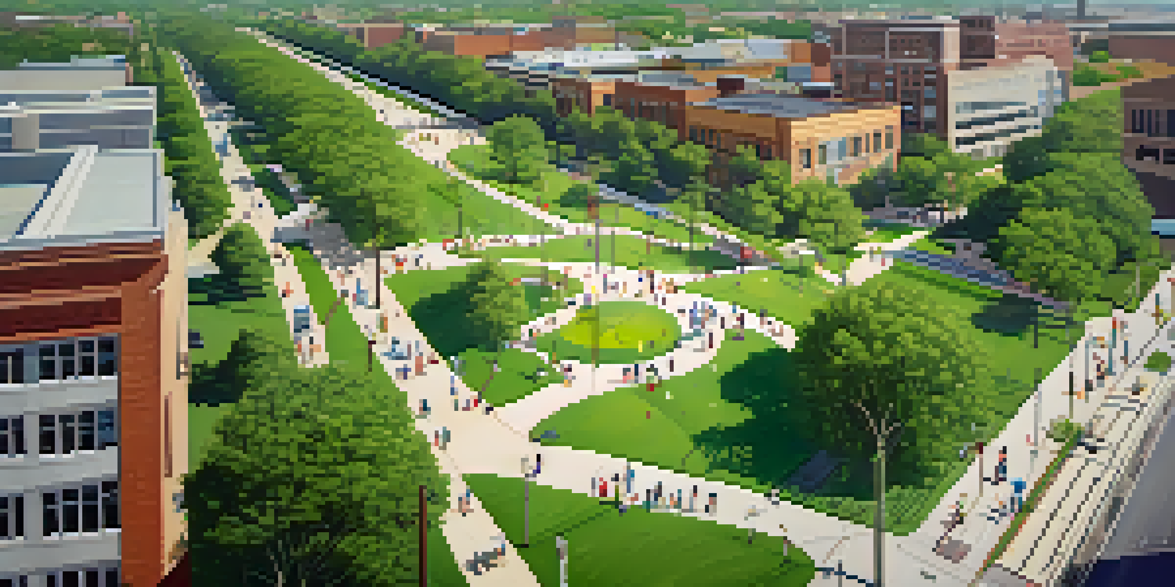 An aerial view of a green park in Dallas with light rail tracks and bus routes, featuring families enjoying outdoor activities.