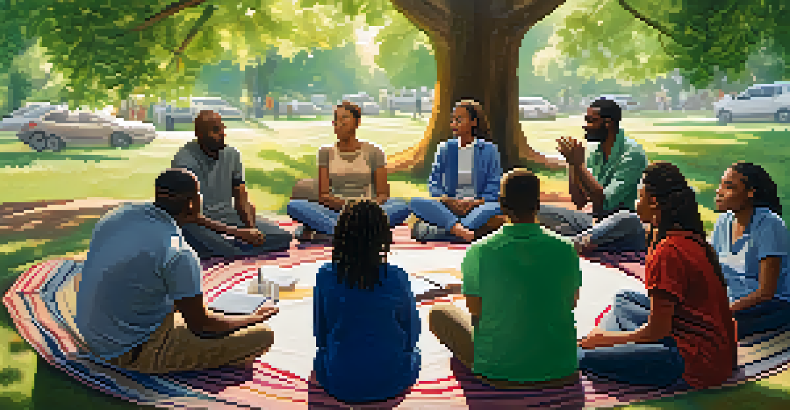A community support group meeting in a park, with people sitting in a circle sharing their experiences.